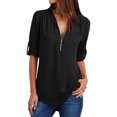 thumbnail image 1 of Women Zipper V Neck Adjustable Button Short Sleeve Chiffon Plain Top, 1 of 3