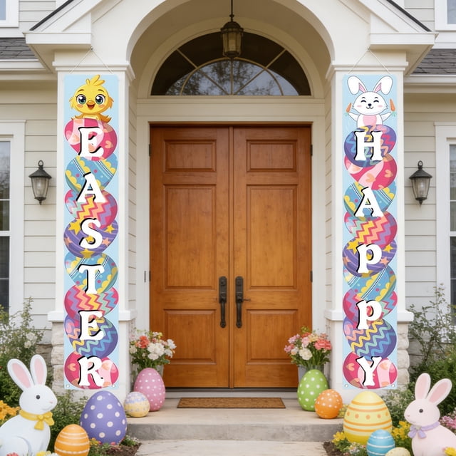Easter Bunny And Egg Themed Couplets Porch Signs Hanging Banners And Outdoor Courtyard Decorations And Flags