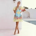 thumbnail image 6 of Women's Casual Boho Linen Puff Sleeve Belted Waist Mini Shirt Dress, Colorful Floral Print Flowy Summer Sundress for Beach Vacation Resort Wear, 6 of 7