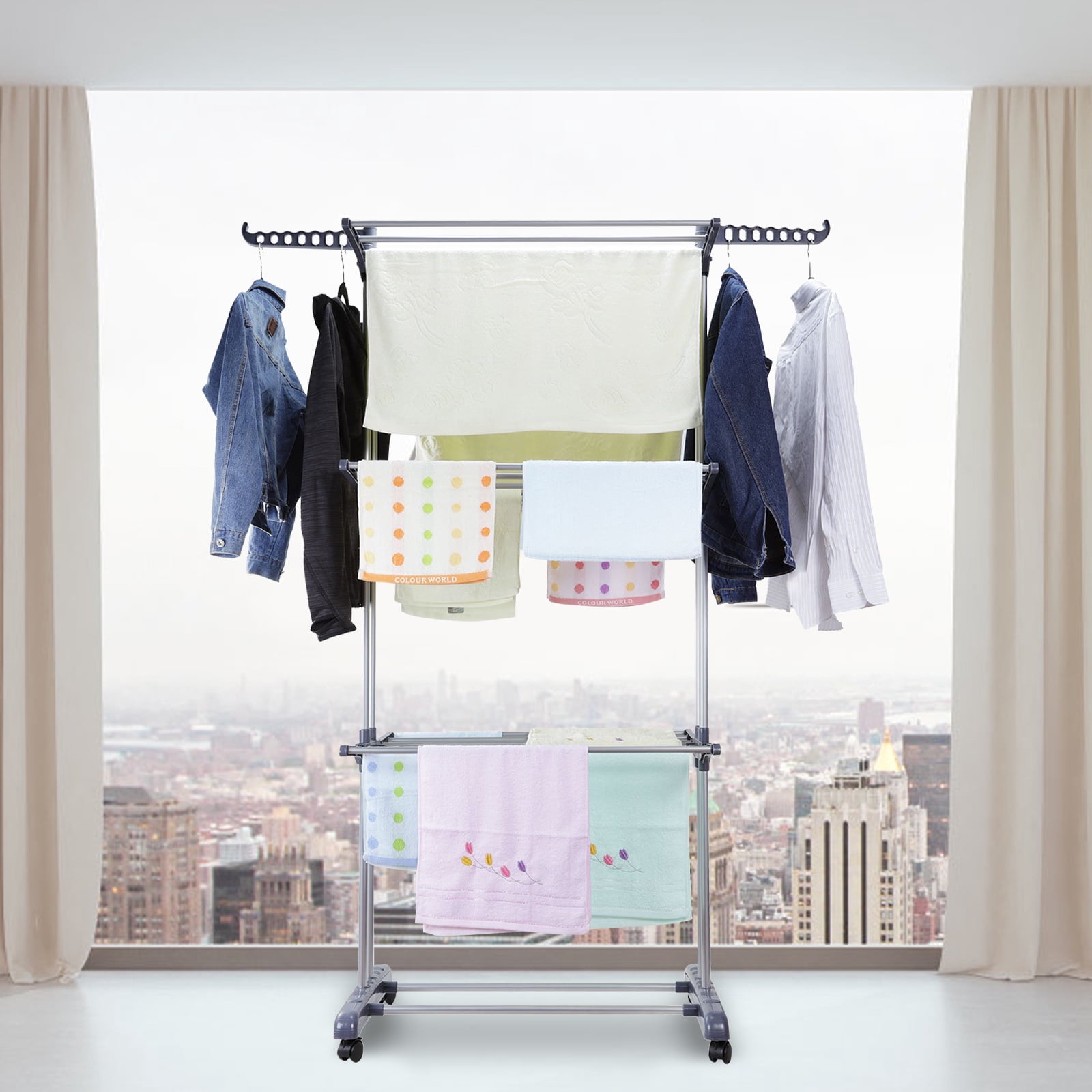 Clothing Garment Rack Heavy Duty Freestanding Metal Clothes Stand Double Rail Hangers Shoe Shelves, Black