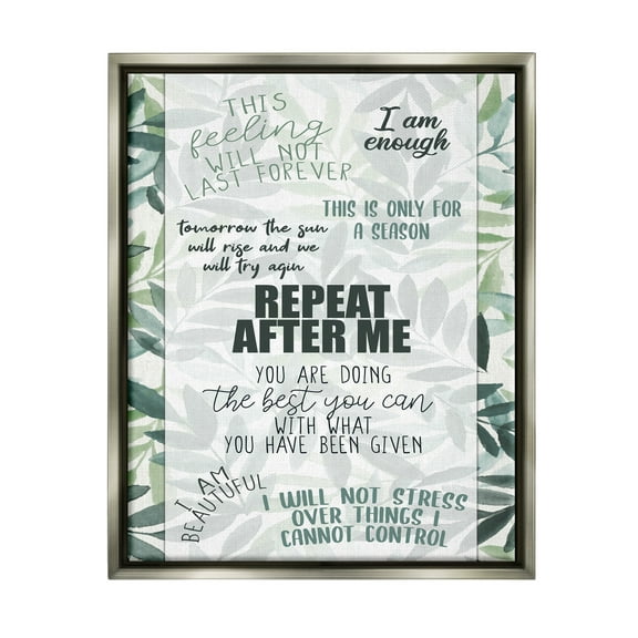 Stupell Repeat After Me Uplifting Motivational Botanical & Floral Painting Gray Floater Framed Art Print Wall Art
