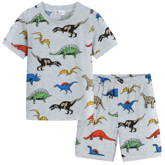 POPTEM Toddler Pajamas Boy Dinosaur Pjs Short Sleeve Cotton Sleepwear Sets 2-Pieces Grey 3T