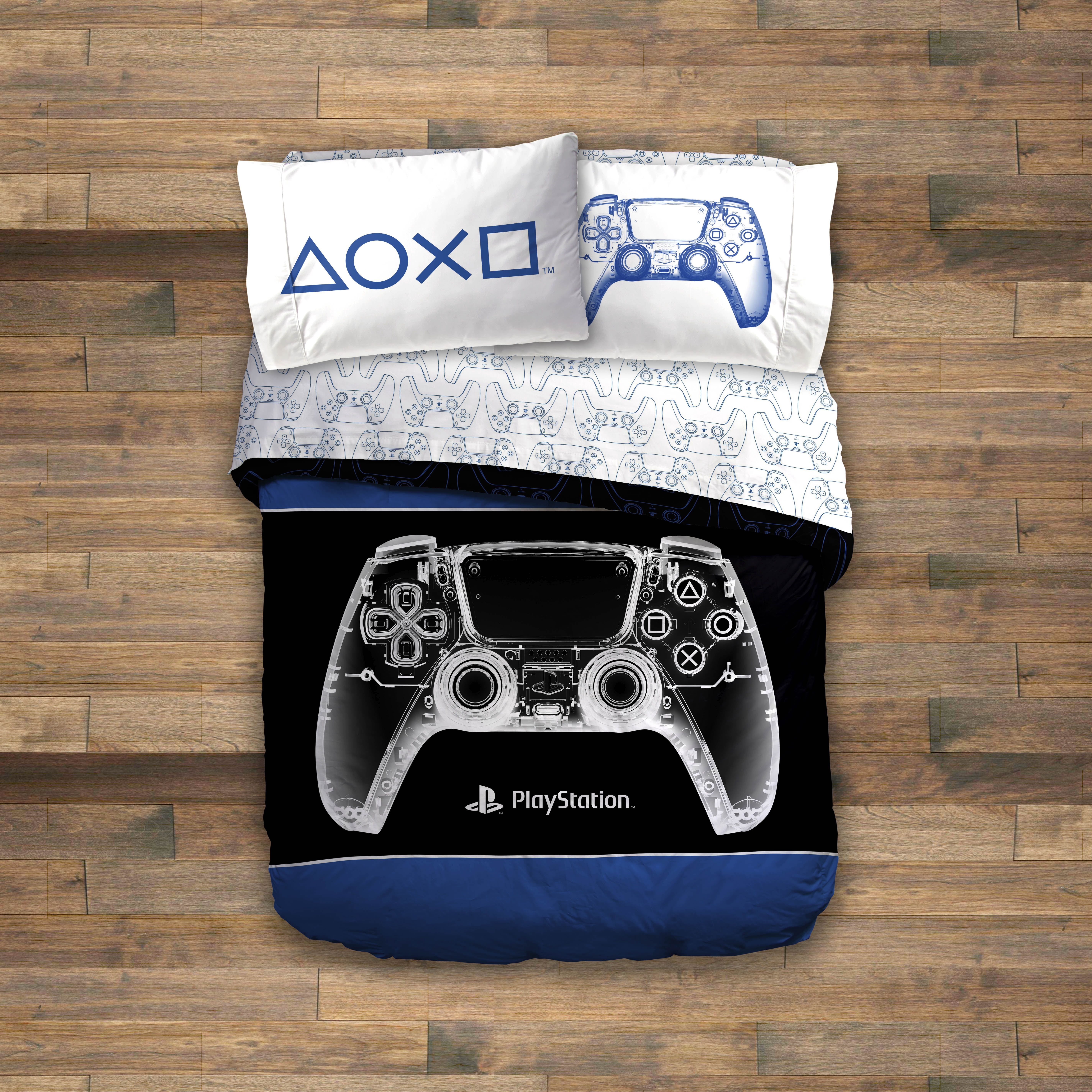Sony PlayStation Blue & Black 7 Piece Full Bed Set w/ Sham , 100% Microfiber