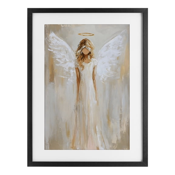 Divine White Robe Angel Black Framed Print Under Glass, design by Petal Prints Design