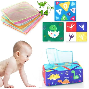 Baby Tissue Box Montessori Dinosaur Toys for Ages 6-12 Mon, 1 Year Old, Rustling Sound Interactive Crinkle Paper Soft Silk Scarves Sensory Learning Toys Gift to Toddler, Babies & Infant
