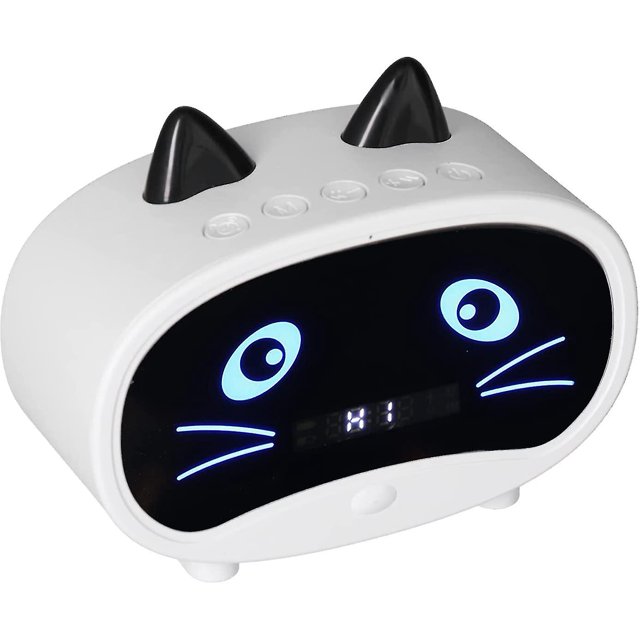 Haut-Parleur Réveil Numérique, Réveil Cartoon Cat avec Affichage de la Température, Double Réveil, Haut-Parleur bluetooth, radio, Appel Mains Libres pour Chambre