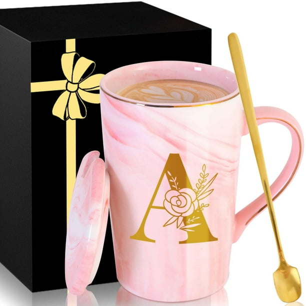 Taza de café de cerámica MNZZ con tapa personalizada de mármol rosa
