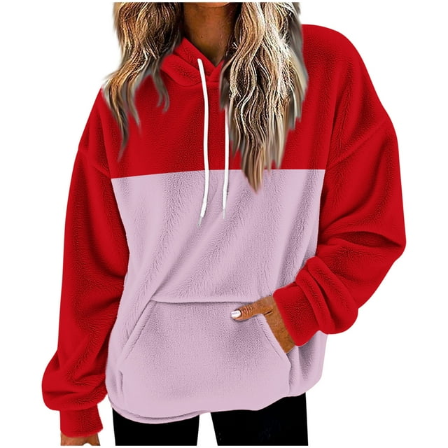 Women's Color Block Fuzzy Hoodie - Oversized Loose Fit Fall Winter Sweatshirt, Fashion Fluffy Sherpa Hoodie with Drawstring