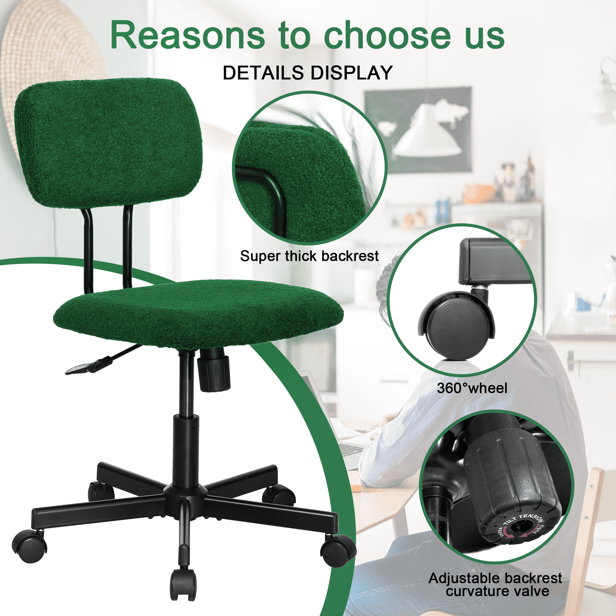 JJS Low Back Velvet Fabric Armless Home Office Computer Chair in Green