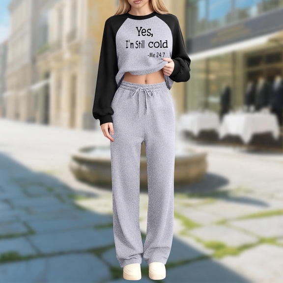 LEWKW Womens Novelty Tracksuit Sets Letter Print Crop Sweatshirt & Sweatpants Outfits Funny Graphic Slogan Casual Warm Fleece Matching Sweatsuits