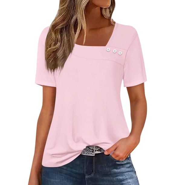 mfyjkho Tops Y Blusas Para Mujer, Camisa Informal De Manga Corta Con Cuello En V Y Botones De Color Liso Para Mujer. Tops De Gimnasio Para Mujer M