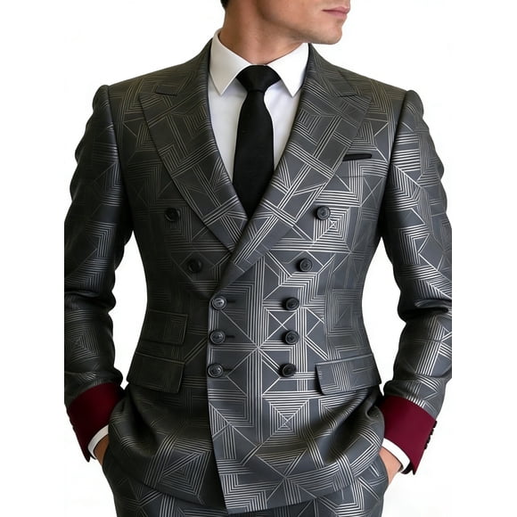 Men's Gray Geometric Pattern Double-Breasted Blazer, Peak Lapel Slim Fit Suit Jacket with Contrast Burgundy Cuffs for Business Casual Family Gatherings