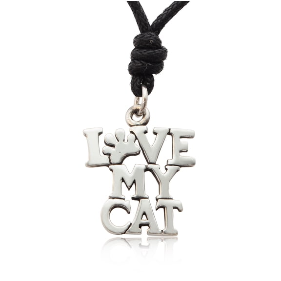 Love My Cat Silver Pewter Charm Necklace Pendant Jewelry With Cotton Cord
