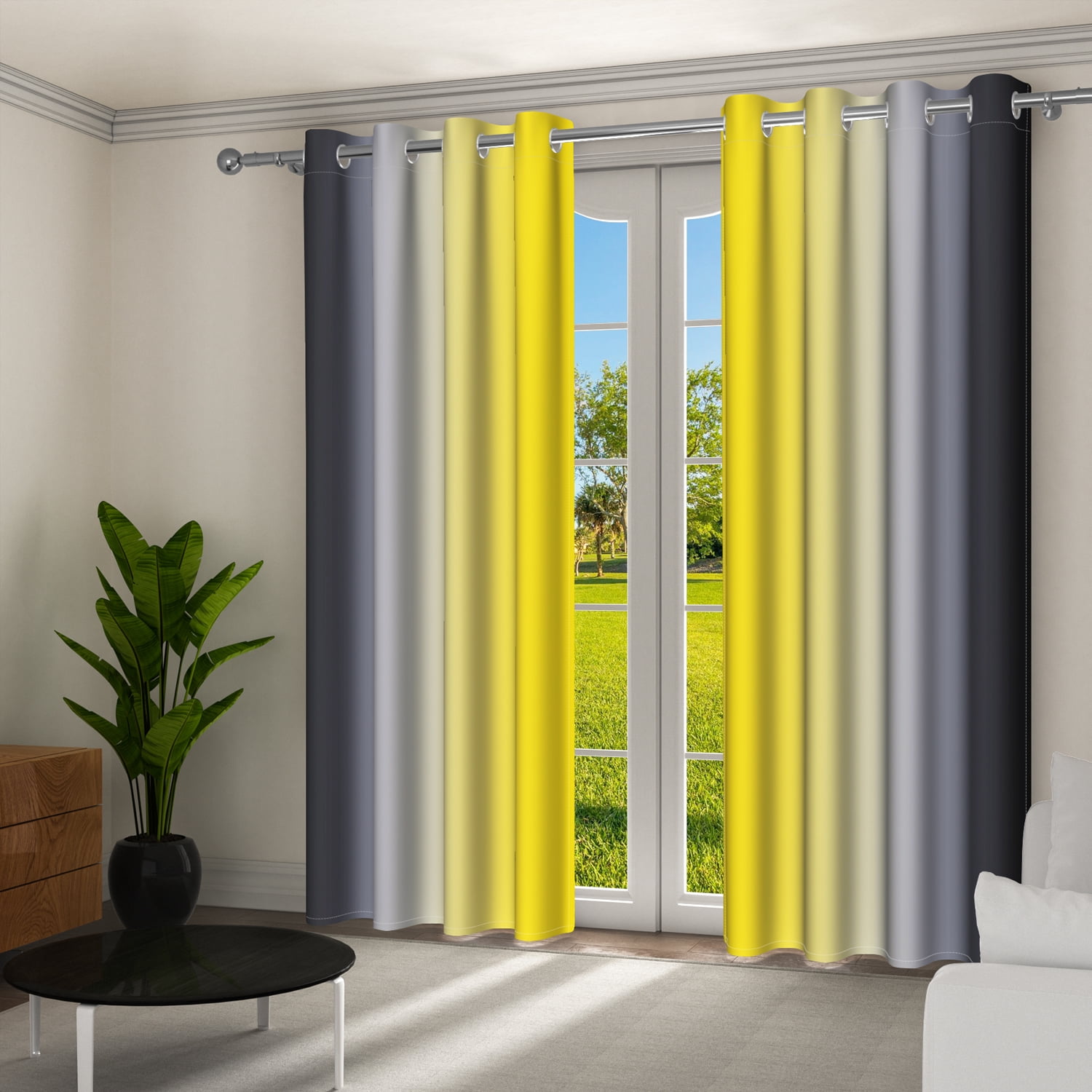 Aofoto Yellow Black and Grey Ombre Blackout Curtains 52 x 63 Inch, Room Darkening Thermal Insulated Energy Saving Grommet Curtains, 2 Panels