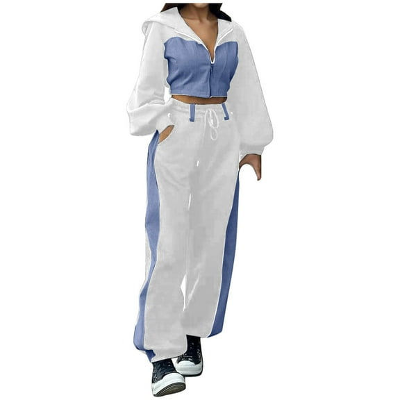Fashionable Casual Sweatshirt Set Denim Patchwork Hooded Top Trousers Two Piece Women's Suit Dress Pullover Dress Outfit Casual Ski Pants Womens Dresses for Grandmothers plus Size Rompers And