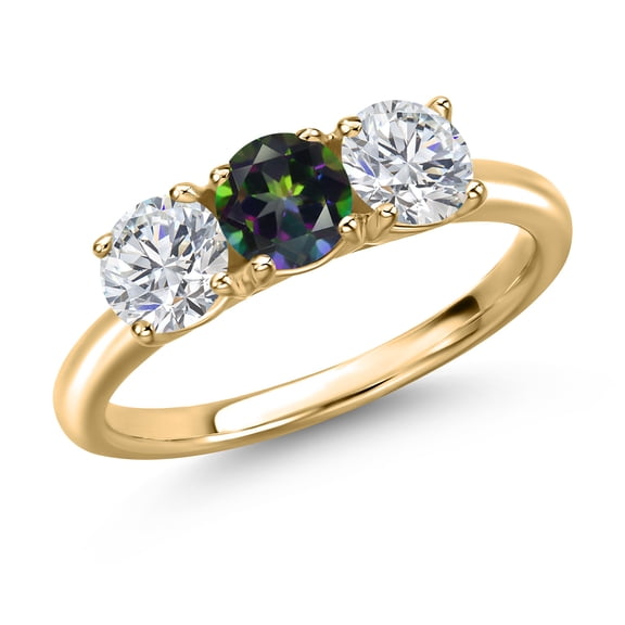 Gem Stone King 10K Yellow Gold Green Mystic Topaz and Lab Grown Diamond Engagement Ring for Women | 1.55 Cttw | Round 5MM | Gemstone November Birthstone | Size 8