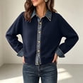 thumbnail image 5 of Fengqque Women’s Denim Collar Button Down Cardigan Sweaters Long Sleeve Cuffed Denim Trim Loose Fit Outerwear Tops Navy Free Size, 5 of 6