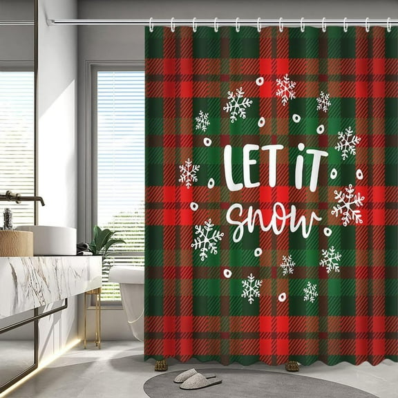 Christmas Winter Shower Curtain Let It Snow Shower Curtain for Bathroom Red and Green Buffalo Plaid Christmas Bathroom Decors Fabric Waterproof Bath Curtain 72x72 Inch