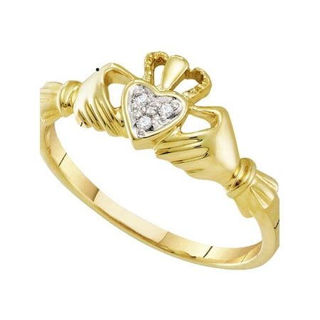 - 10kt Yellow Gold Womens Round Diamond Claddagh Heart Ring .01 Cttw
