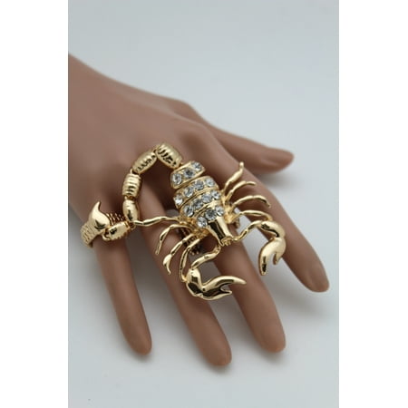 Women Gold Metal Ring 2 Fingers Elastic Band Big Long Scorpion