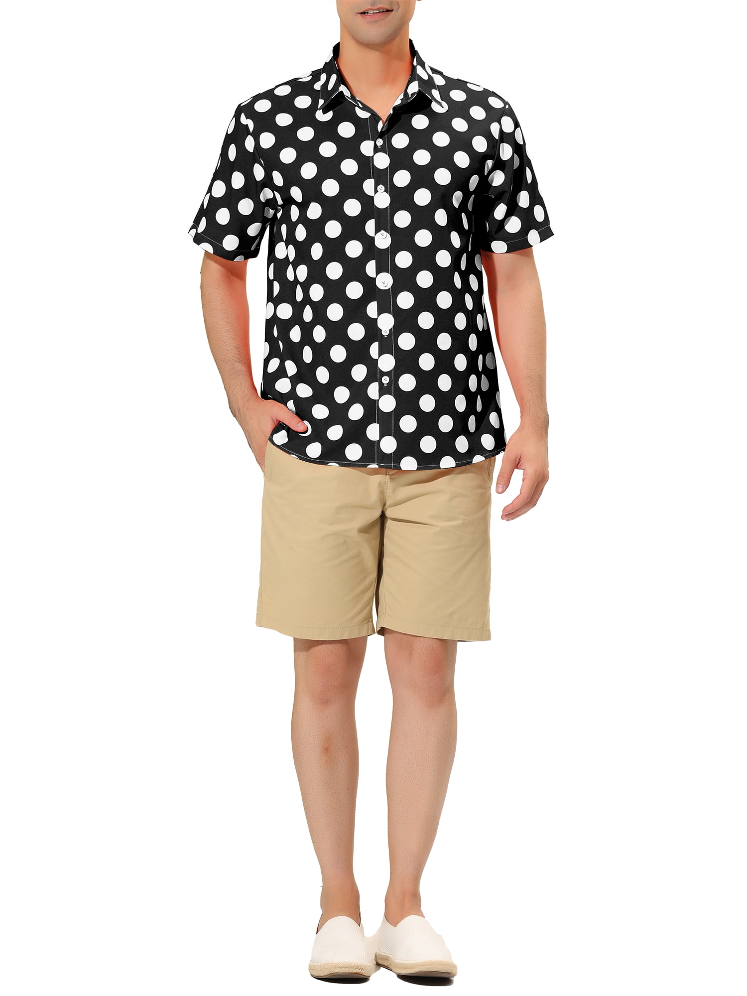 Unique Bargains Men's Summer Polka Dots Shirt Button Down Short Sleeves Shirts S Black