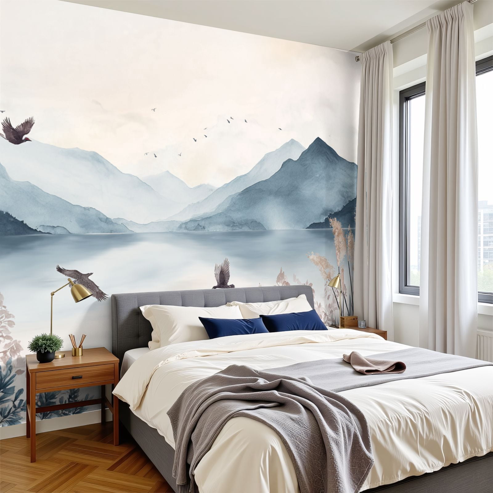 Wallpaper Mountain Peak Lake Wall Mural Tall Reeds Mountains Peel and Stick Wall Murals 100"H x 144"W Removable PVC Wall Paper Self-Adhesive Wall Paintings Art Decor for Bedroom Living Room