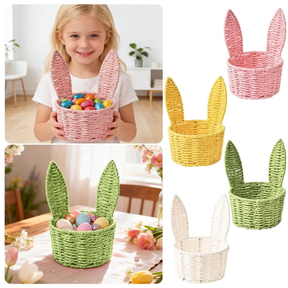 Basket with Handle Easter Bunny Rattan Woven Picnic Baskets with Rabbit Ear Straw Wicker Egg Candy Storage for Egg Party Supplies Gifts (Green)