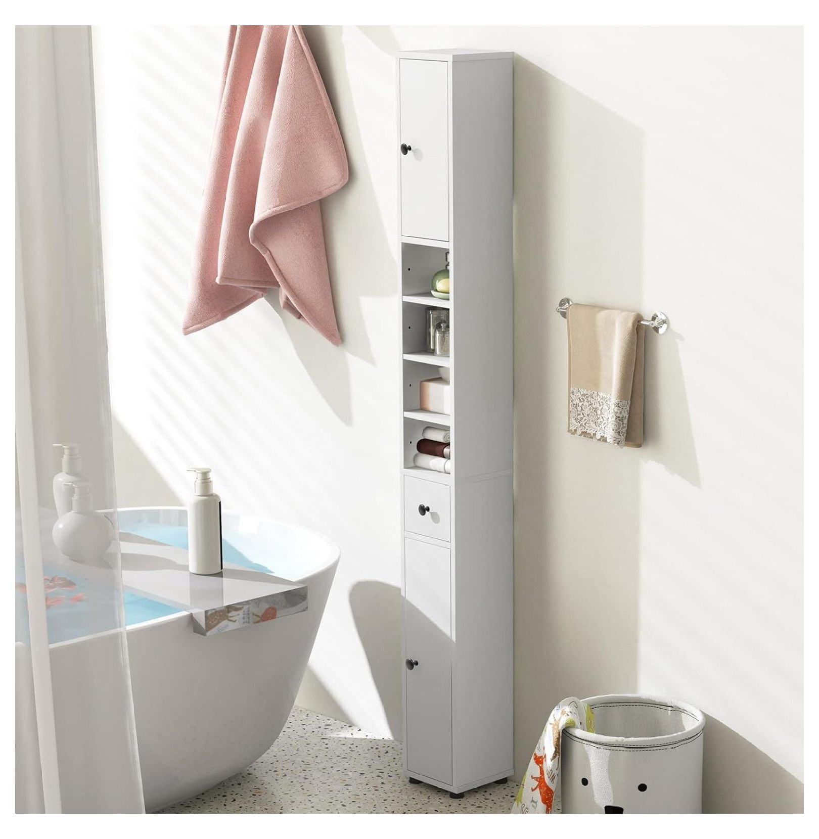 WDZS Tall Slim Bathroom Storage Cabinet, 71" Freestanding Bathroom Cabinet w/ 2 Doors, 1 Drawer & 5 Adjustable Shelves, Floor Narrow Tower Cabinet for Small Spaces, 8" x 8" x 71" (White)