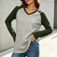 thumbnail image 4 of Color Block Raglan Sleeve V Neck Contrast Dark Green Sleeve Curved Hem Long Sleeve Casual Baseball Tee for Women Spring Fall Basic Layering Top, 4 of 7