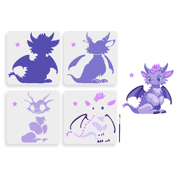 1 Bag 4pcs Layered Dragon Stencils 11.8×11.8inch Large Cartoon Dragon Stencil with Paint Brush Reusable Cute Little Animal Stencil for Craft Windows Wood Wall Tile Canvas Fabric Floor