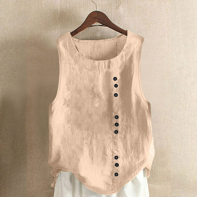 Womens Tank Tops, Womens Tank Top, Womens Solid Color Tank Top with Round Neck Faux Cotton and Linen Button Design and A Sense of Top with Round Neck Tank Tops