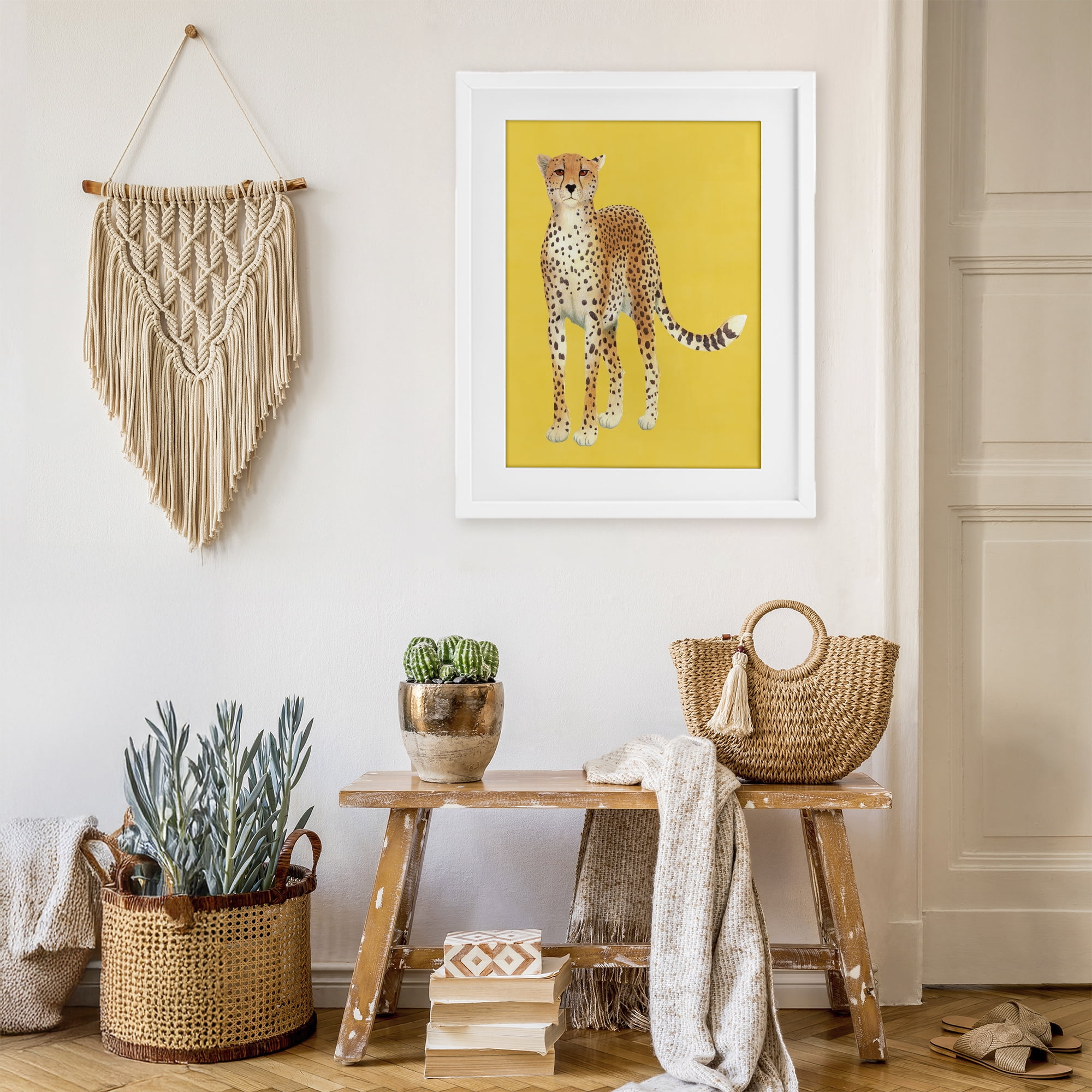 Stupell Industries Exotic Cheetah over Yellow White Framed Print Under Glass, design by Karolina Sato