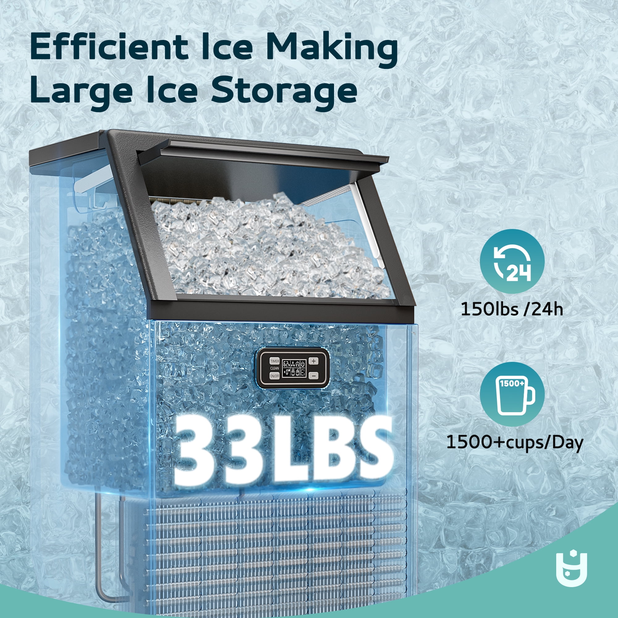 EUHOMY 150lbs Commercial Ice Maker, Cube Ice Machine with Auto Clean, Timer, Adjustable Size, Black