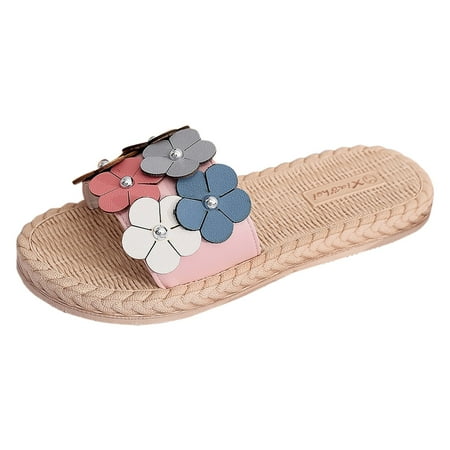 

ZIZOCWA Summer Women S Beach Slippers Cute Flowers Straw Weave Bottom Flat Slippers Boho Style Open Toe Beach Flip Flops Elegant Non-Slip Pink Size7.5