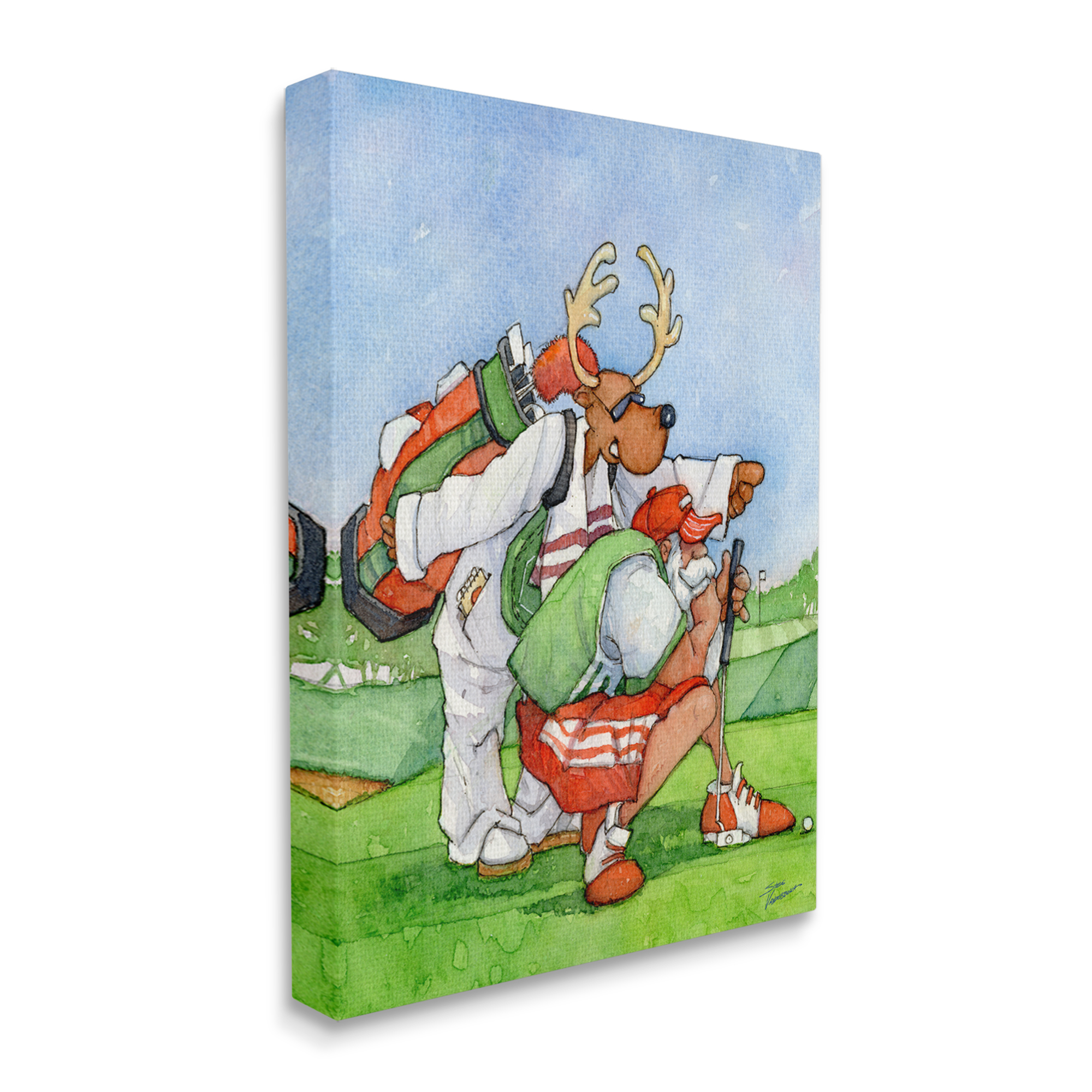 Santa Claus Off Duty Silly Reindeer Golfing Animals & Insects Painting Gallery-Wrapped Canvas Print Wall Art