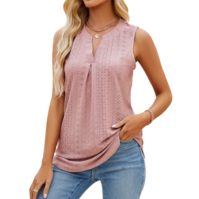 V Masajeadores de cuello plisado Tank Top mujeres elegante casual color puro hueco camisa sin mangas para trabajo oficina