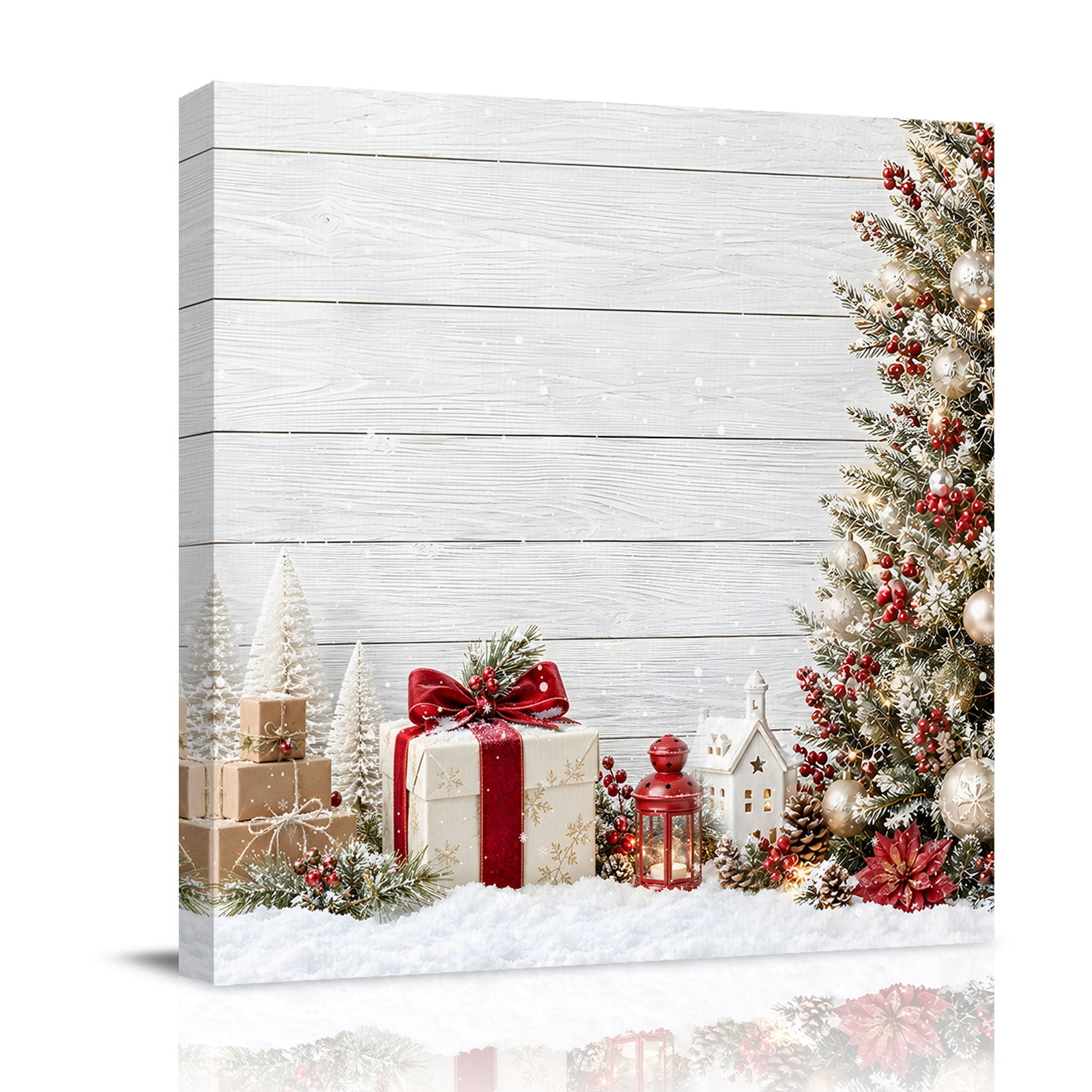 Canvas Wall Art Christmas Framed Canvas Prints for Bathroom Desk Xmas Gifts Trees Snowflake Vintage Wooden Small Gallery Wrapped Wall Decor for Home Office Gifts 8 x8 Ship Next Day