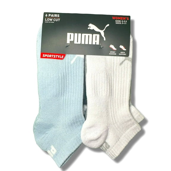 PUMA SOCKS WOMEN'S - LOW CUT 253 - RIBBED BLUE WHITE - SHOE SZ 5-9.5 -PACK 6