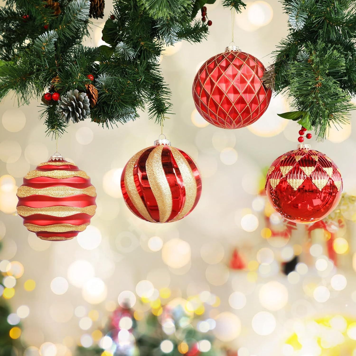 6"/150mm Large Christmas Ball Ornaments, 4Pcs Christmas Tree Decor, Shatterproof Hanging Decorations with Hooks, White & Silver Baubles for Xmas Tree, Wedding, Holiday and Party Decor