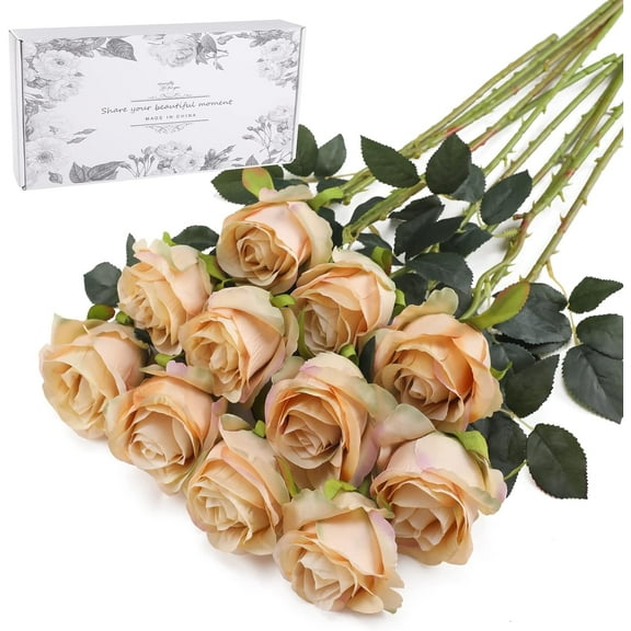 Artificial Flowers 10 PCS Silk Roses with Long Stems Faux Realistic Roses for Wedding Bouquets Table Centerpieces Party Home Decor(Champagne)