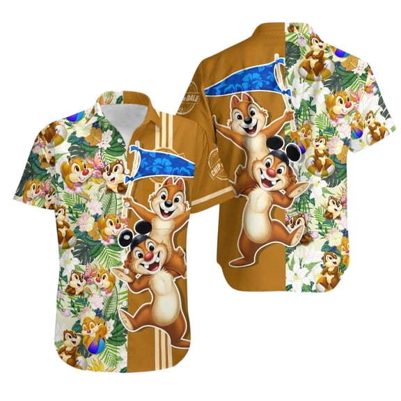 Chip 'n Dale Button Up Shirt, Disney Double Trouble Hawaiian Shirt, Funny Squirrel Couple Vacation Shirt, Mickey Ears Summer Outfit