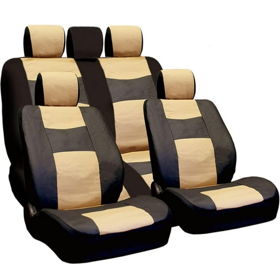 Yupbizauto - Synthetic Leather Car Truck SUV Seat Covers Set Premium Grade Black and Tan Quality Seat Protection - Universal Size - Airbag Compatible - Support 60 40 Split Seats