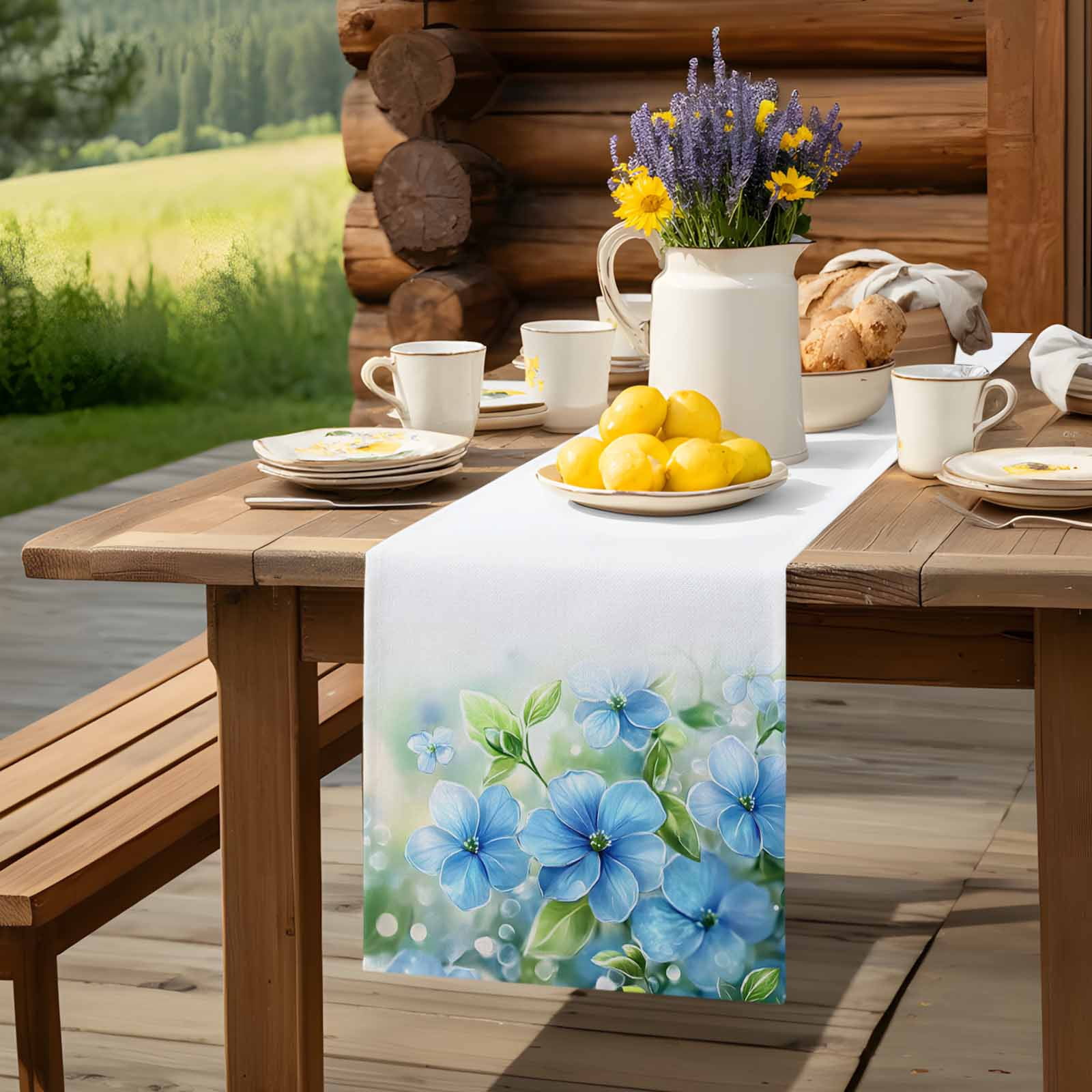 Watercolor Spring Blue Flower Green Leaves Table Runner 90 Inches Long, Pastoral Floral Table Runners Tabletop Scarf Kitchen Dining Tables Decoration for Home Party Indoor Outdoor