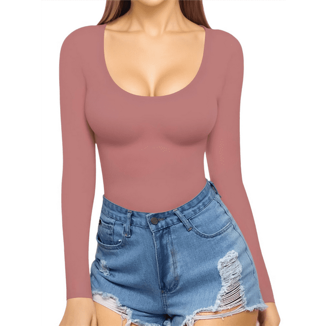 Womens Scoop Neck Long Sleeve Slim Fit T Shirt Tunic Tops Tee Rouge S
