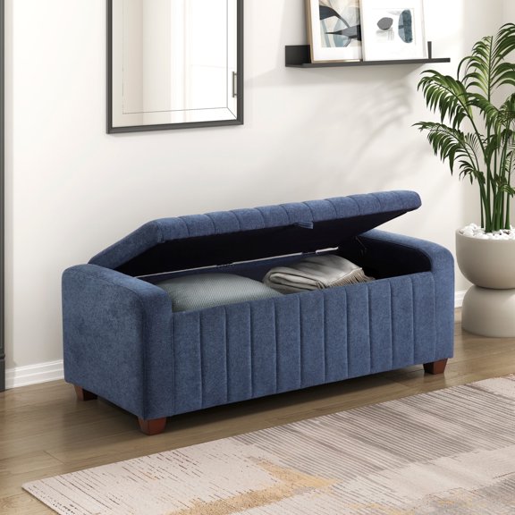 Nmkwnr Boucle Storage Bench with Wood Frame, Upholstered Storage Ottoman for Living Room, Bedroom, Blue