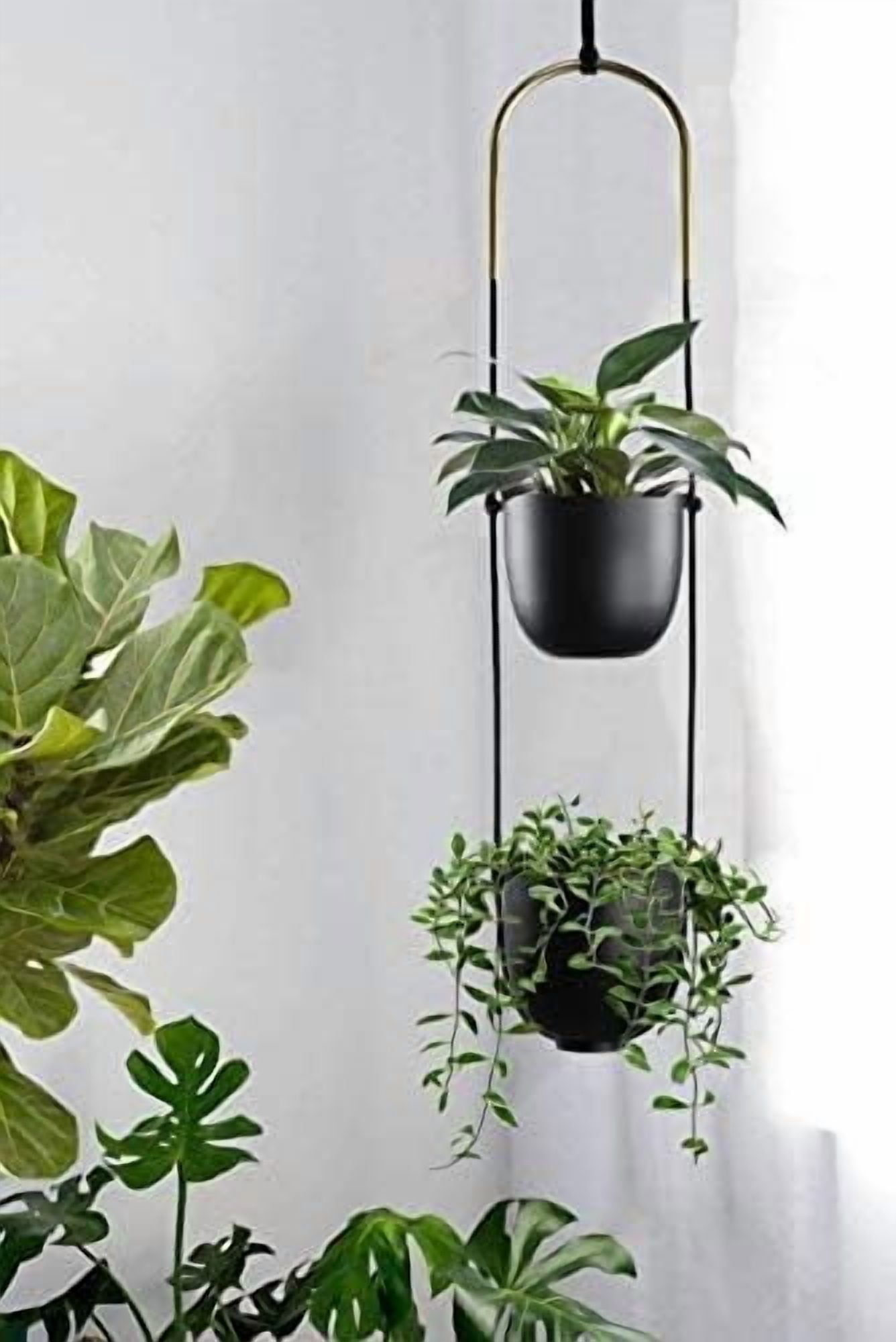 Hanging Planters 2 Tiers Metal Plant Hangers for Indoor Outdoor Plants Wall Ceiling Hanging Flower Pot Basket Holders Kitchen Room Decor(White)