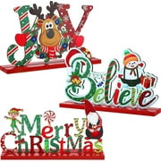 Blulu 3 Christmas Table Centerpiece Decoration Merry Christmas Tabletop Wooden Sign Snowman Sign Farmhouse Centerpieces for Christmas Holiday Party Indoor Decorations(Chic Style)