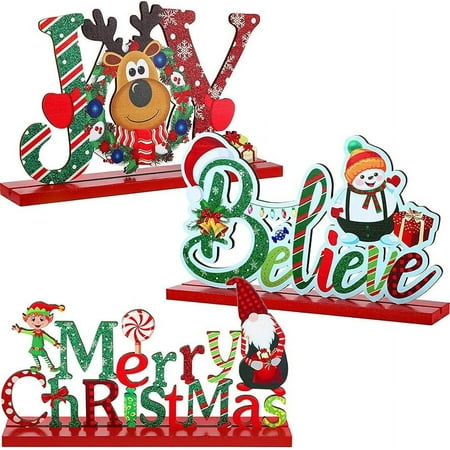 Blulu 3 Christmas Table Centerpiece Decoration Merry Christmas Tabletop Wooden Sign Snowman Sign Farmhouse Centerpieces for Christmas Holiday Party Indoor Decorations(Chic Style)