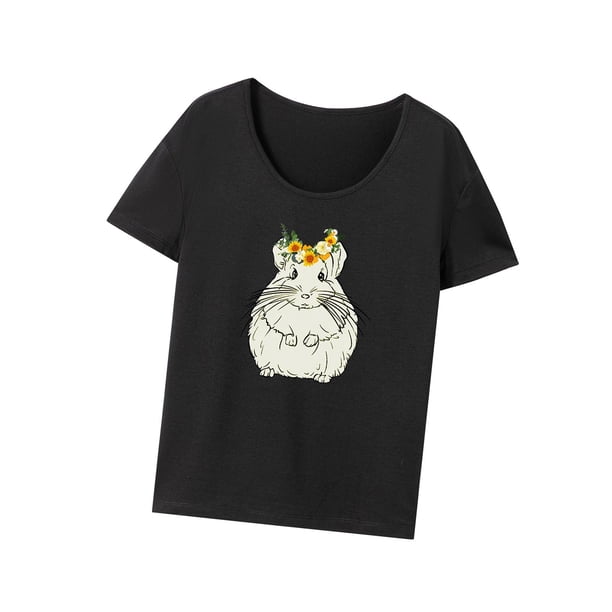Camiseta de mujer con cuello redondo, informal, con estampado de animales, camisetas de manga corta a la moda S