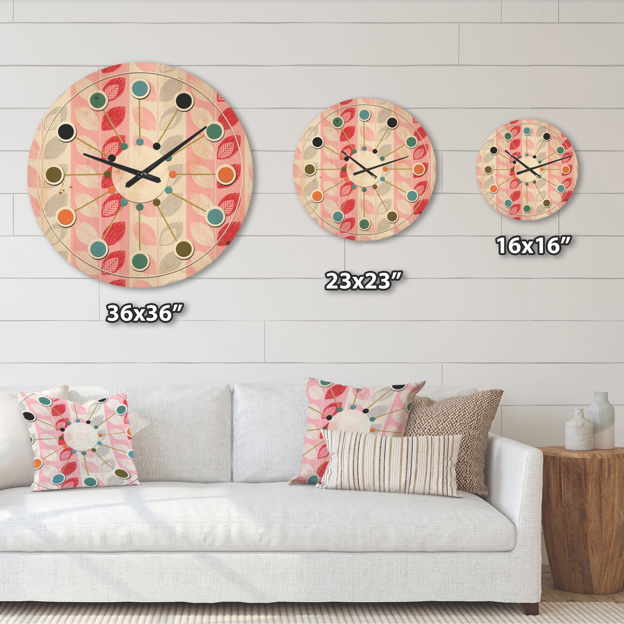 Designart 'Botanical Retro Pattern Design I' Mid-Century Modern Wood Wall Clock